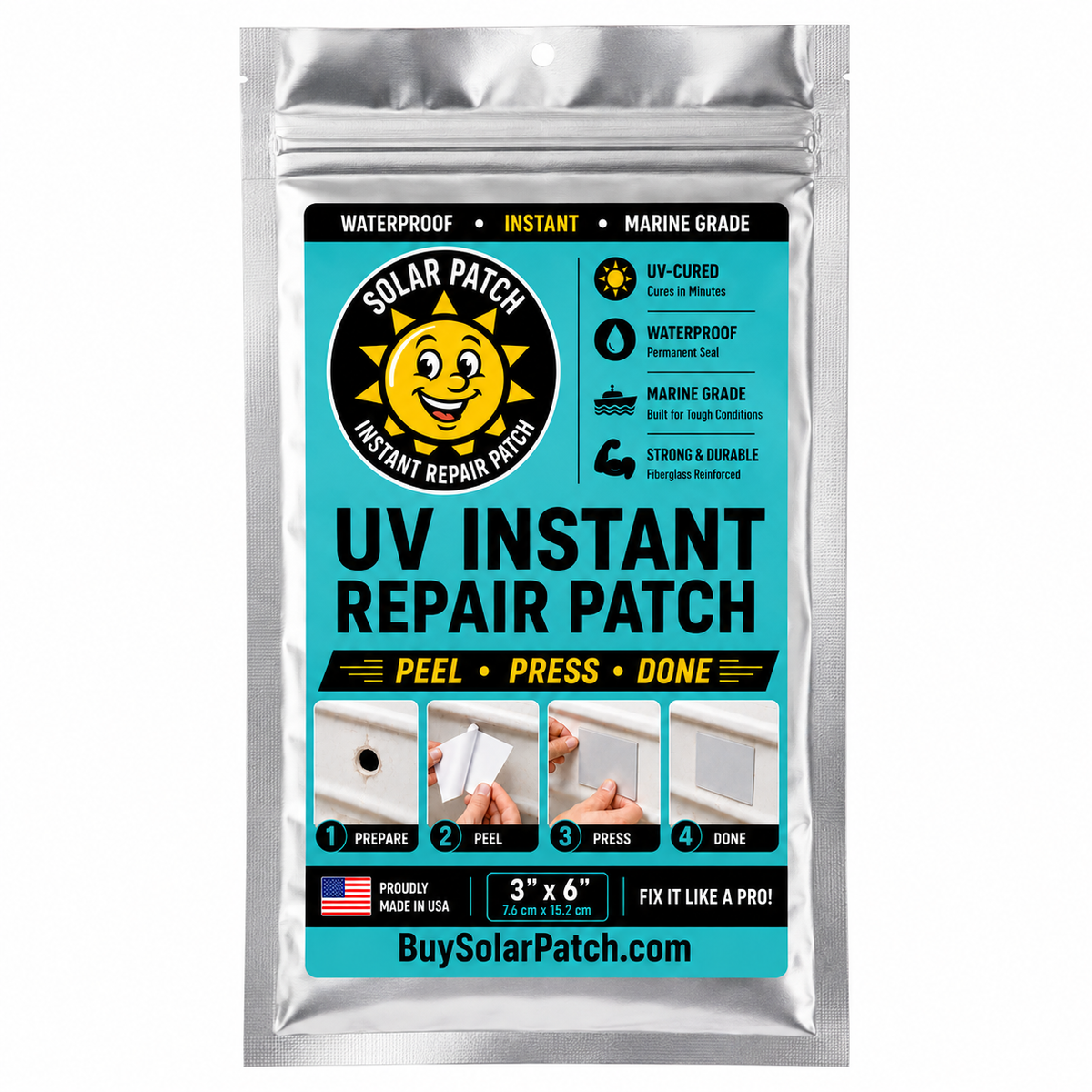 Solar Patch UV Instant Repair Patch for Metal, Plastic, Fiberglass, Wood & More