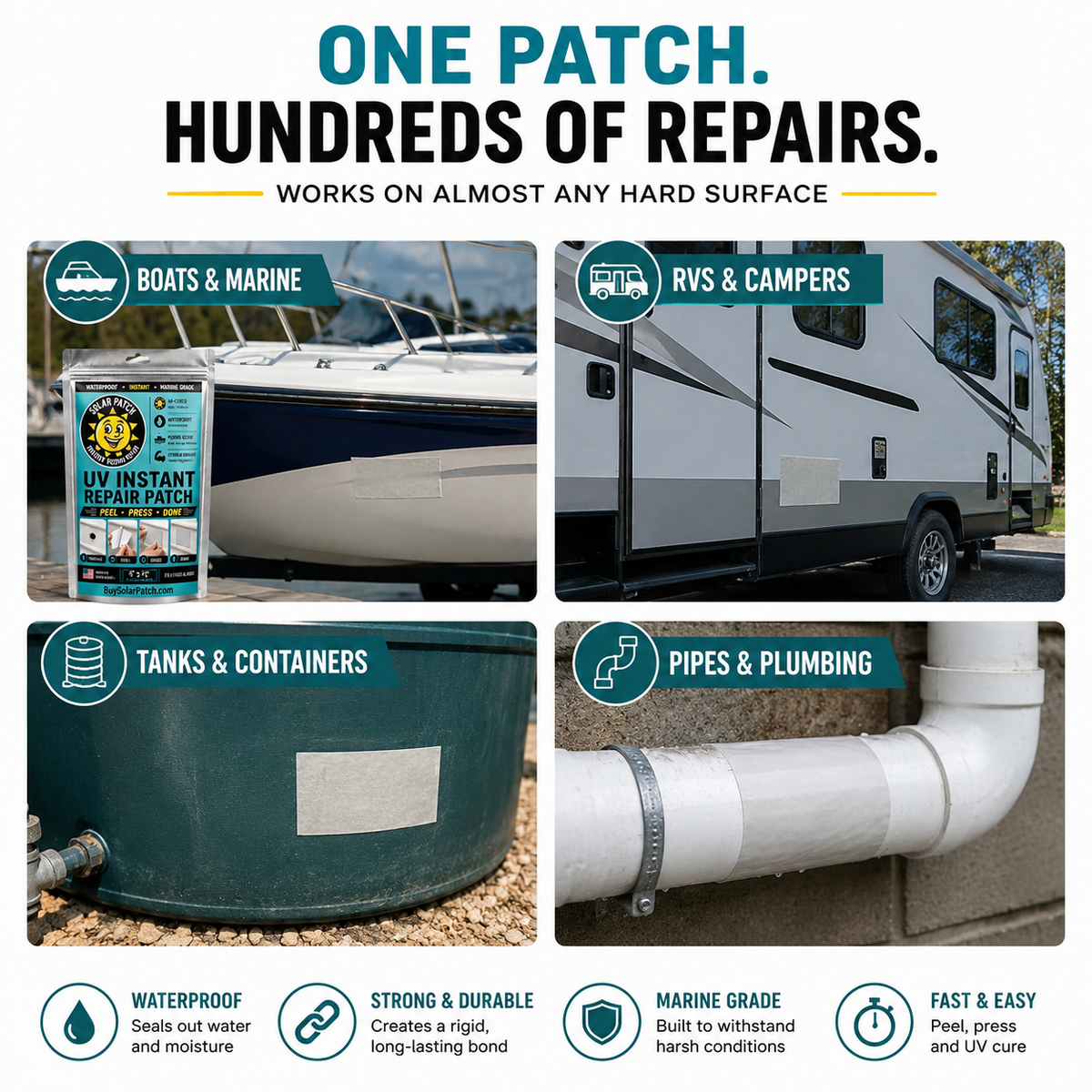 Solar Patch UV Instant Repair Patch for Metal, Plastic, Fiberglass, Wood & More