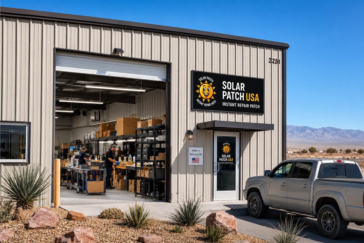 Solar Patch USA repair shop exterior in a desert setting, showing an open garage door with tools and equipment inside, a black sign with the yellow logo, a glass entry door, and a silver pickup truck parked in front.