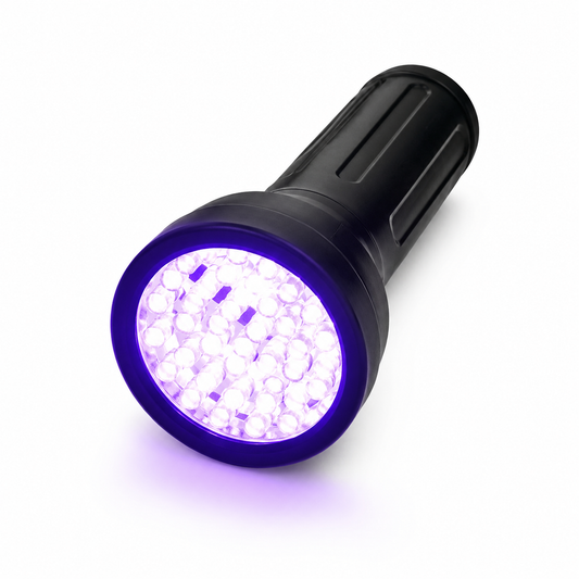 A black LED flashlight emitting a bright purple light, shown on a clean white background.