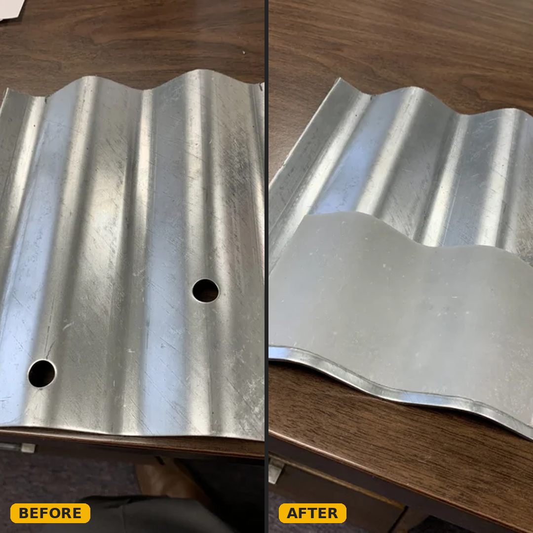A split-screen comparison labeled BEFORE and AFTER showing a corrugated metal sheet placed on a wooden table. The left side shows the raw, brushed metal surface with two circular holes; the right side shows the same sheet with a smooth, reflective finish and the holes filled or covered.