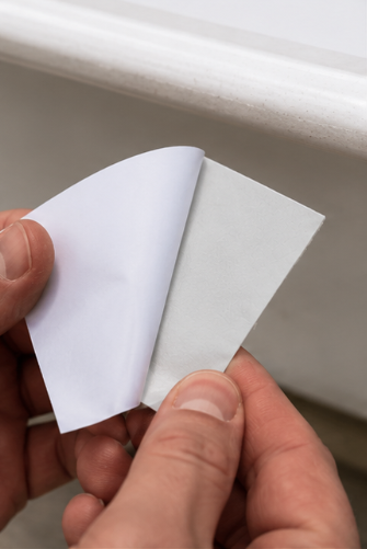A close-up of a person's hands holding a white adhesive or peel-off sample in front of a light gray surface.
