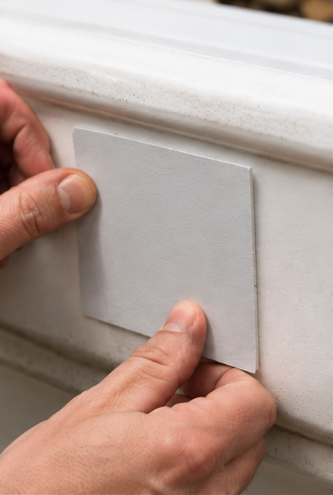 Close-up of a person's hands applying a square gray adhesive patch to a white textured surface.