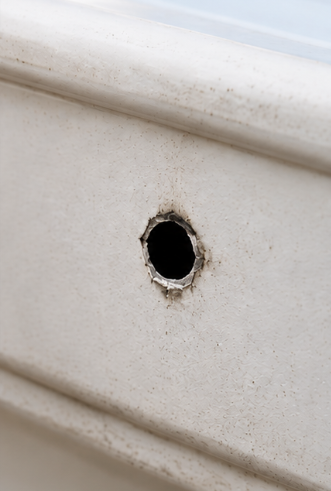 Close-up of a weathered off-white painted metal surface with a circular hole in the center.